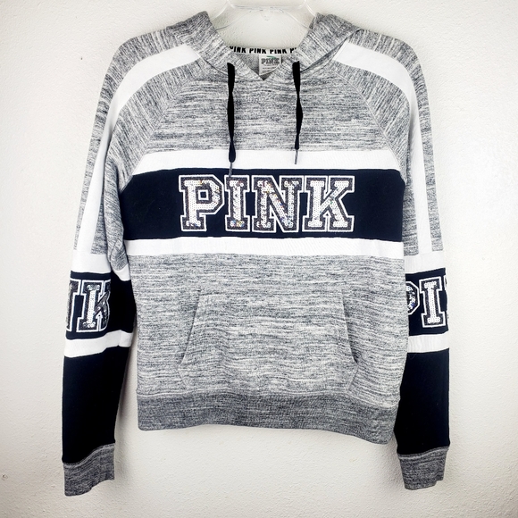 PINK Victoria's Secret Tops - PINK Victoria's Secret Gray Sequined Logo Hoodie